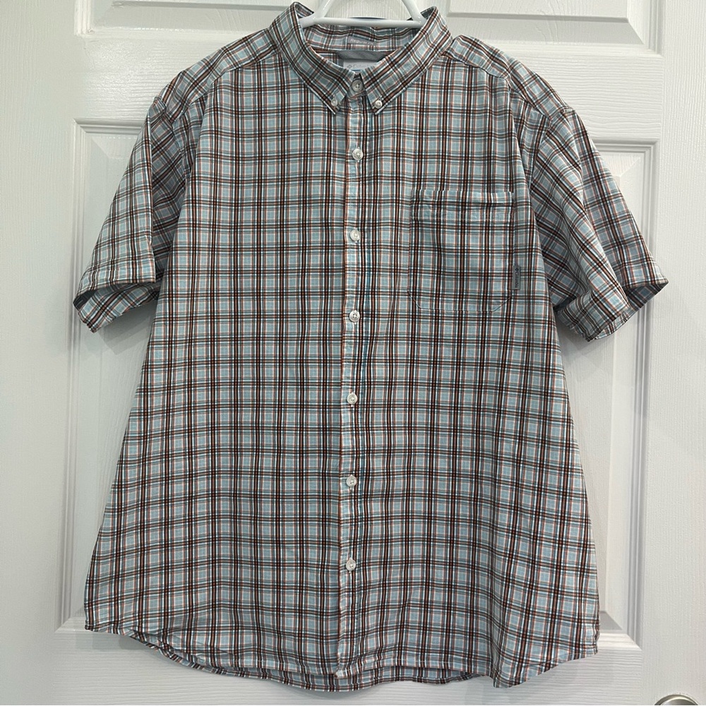 Columbia Blue White Orange Plaid Short Sleeve Button-Down Men's Casual Shirt Top